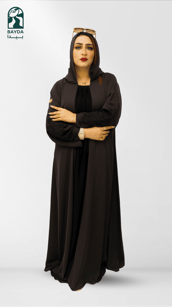 Brown abaya Closed with Black Korean Crepe with Embroidery On The Sleeves and a Head Scarf